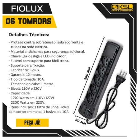 FILTRO DE LINHA 05 TOMADAS PRETO BIVOLT FIOLUX